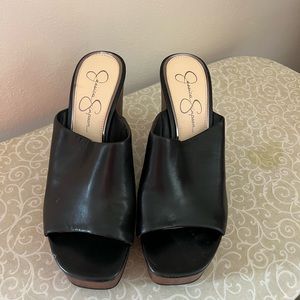 Black and brown wedge heel